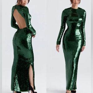 NWOT HOUSE OF CB Belle Pine Green Sequin Open Back Long Sleeve Maxi Dress sz L